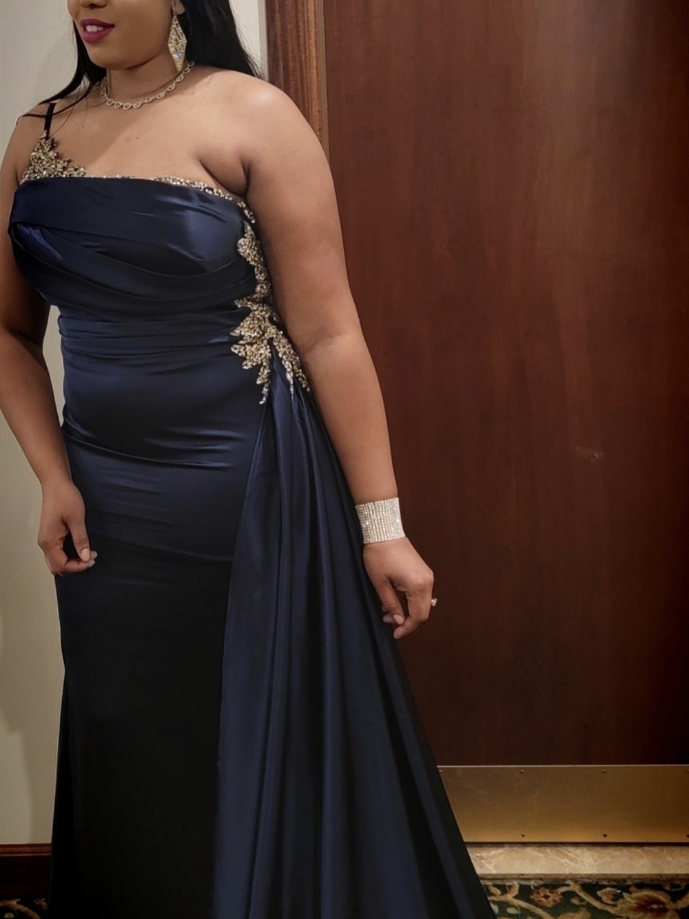 Elegant Navy Evening Gown with Embellished Side Detail